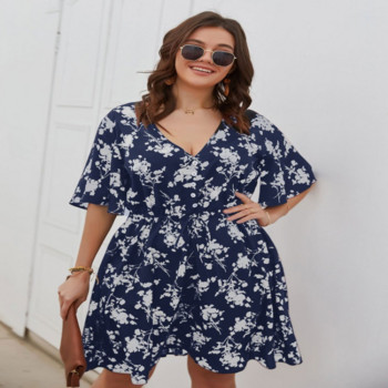 Μίνι φλοράλ φόρεμα Plus Size Boho V Neck Party Κομψά κοντομάνικα ελαφριά φορέματα Γυναικεία Καλοκαίρι 2021 L-4XL Ρούχα υψηλής ποιότητας