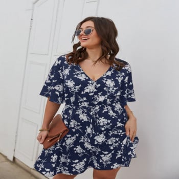 Μίνι φλοράλ φόρεμα Plus Size Boho V Neck Party Κομψά κοντομάνικα ελαφριά φορέματα Γυναικεία Καλοκαίρι 2021 L-4XL Ρούχα υψηλής ποιότητας