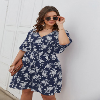 Μίνι φλοράλ φόρεμα Plus Size Boho V Neck Party Κομψά κοντομάνικα ελαφριά φορέματα Γυναικεία Καλοκαίρι 2021 L-4XL Ρούχα υψηλής ποιότητας