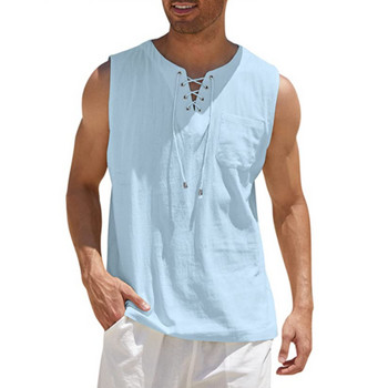 Летни мъжки потници от памук и коноп Модни едноцветни дрехи без ръкави с връзки Ежедневна риза на открито