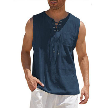 Летни мъжки потници от памук и коноп Модни едноцветни дрехи без ръкави с връзки Ежедневна риза на открито