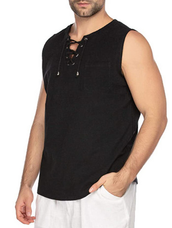 Καλοκαιρινό ανδρικό φανελάκι από βαμβακερά και κάνναβη μπλούζες Μόδα μονόχρωμα αμάνικα ρούχα με κορδόνια casual outdoors πουκάμισο