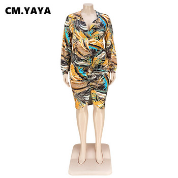 CM.YAYA Plus Size Γυναικεία εμπριμέ Φόρεμα με τυλιγμένο λαιμόκοψη σε ρουτσέ, ψηλό σχιστό φόρεμα με καμπύλες Chic Bodycon Midi μακρυμάνικα ασύμμετρα φορέματα