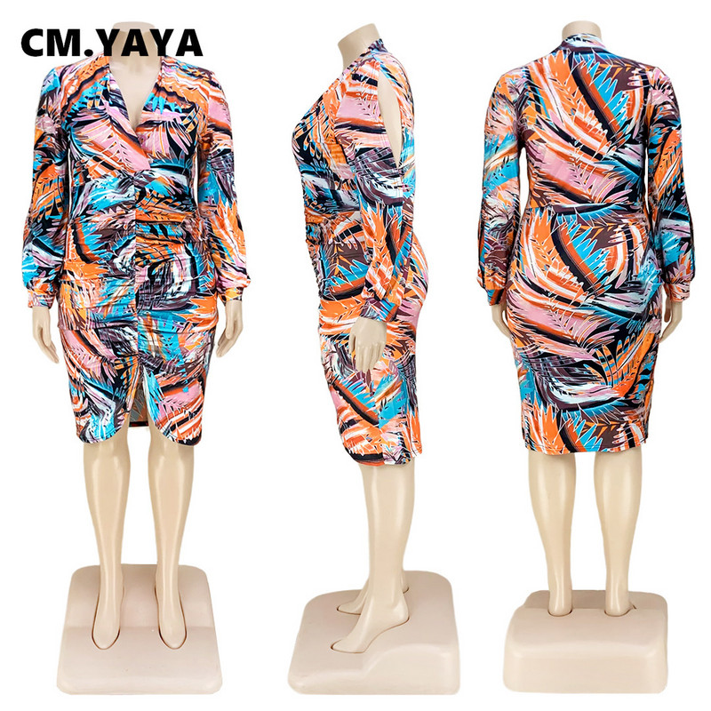 CM.YAYA Liela izmēra sieviešu apdrukātas kleitas ar apdrukātu V veida kakla izgriezumu, izliekta, izliekta, eleganta bodycon vidēja izmēra kleita ar garām piedurknēm