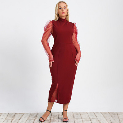 Μόδα κομψό μακρύ φόρεμα για πάρτι Σέξι διχτυωτό μακρυμάνικο τσάντα Hip μπορντό Bodycon Φόρεμα Plus Size Γυναικεία Ρούχα 3XL 4XL Ρόμπα