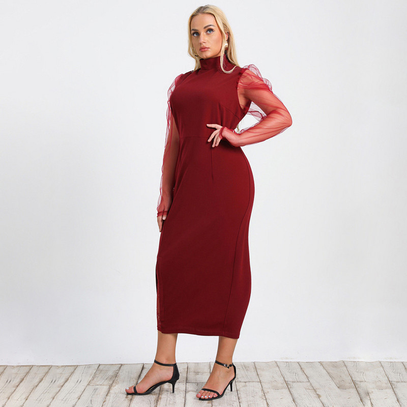 Μόδα κομψό μακρύ φόρεμα για πάρτι Σέξι διχτυωτό μακρυμάνικο τσάντα Hip μπορντό Bodycon Φόρεμα Plus Size Γυναικεία Ρούχα 3XL 4XL Ρόμπα