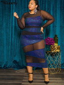 Pulkritu Plus Size Γυαλιστερό Starry Patchwork Διχτυωτό Γυναικείο Φόρεμα Sexy See Through Μακρυμάνικο O-Neck Bodycon Φορέματα Midi Άνοιξη