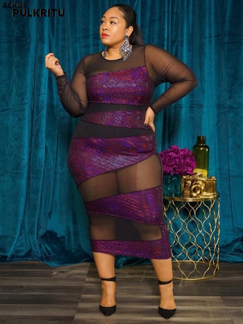 Pulkritu Plus Size Γυαλιστερό Starry Patchwork Διχτυωτό Γυναικείο Φόρεμα Sexy See Through Μακρυμάνικο O-Neck Bodycon Φορέματα Midi Άνοιξη