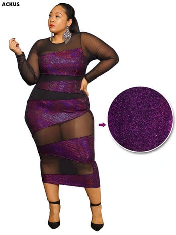 Pulkritu Plus Size Γυαλιστερό Starry Patchwork Διχτυωτό Γυναικείο Φόρεμα Sexy See Through Μακρυμάνικο O-Neck Bodycon Φορέματα Midi Άνοιξη