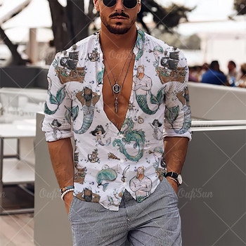 2022 Mermaid 3d Print Myths Newhawaiian Shirts Streetwear Мъжки дрехи Свободни топове Риза Мъжки мъжки ризи с дълъг ръкав Риза с ревер