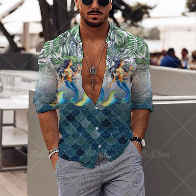 2022 Sirenă Imprimare 3D Mituri Cămăși Newhawaiian Streetwear Haine pentru bărbați Topuri largi Cămașă Bărbați Cămăși cu mânecă lungă Cămașă cu rever