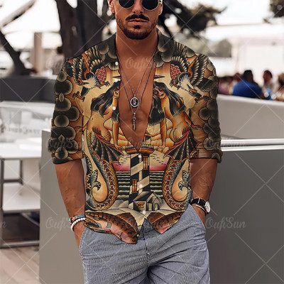 2022 Sirenă Imprimare 3D Mituri Cămăși Newhawaiian Streetwear Haine pentru bărbați Topuri largi Cămașă Bărbați Cămăși cu mânecă lungă Cămașă cu rever
