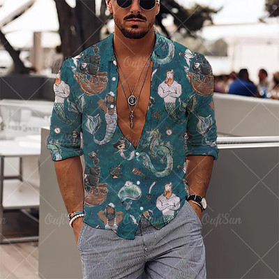 2022 Sirenă Imprimare 3D Mituri Cămăși Newhawaiian Streetwear Haine pentru bărbați Topuri largi Cămașă Bărbați Cămăși cu mânecă lungă Cămașă cu rever
