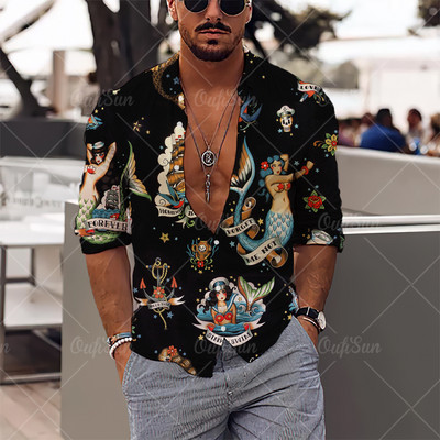 2022 Sirenă Imprimare 3D Mituri Cămăși Newhawaiian Streetwear Haine pentru bărbați Topuri largi Cămașă Bărbați Cămăși cu mânecă lungă Cămașă cu rever