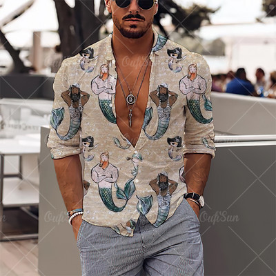 2022 Sirenă Imprimare 3D Mituri Cămăși Newhawaiian Streetwear Haine pentru bărbați Topuri largi Cămașă Bărbați Cămăși cu mânecă lungă Cămașă cu rever