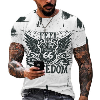 Летни мъжки тениски Извънгабаритни широки дрехи Ретро модни тениски с къс ръкав America Route 66, отпечатани с O, яка