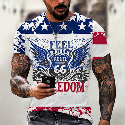 Vasariniai vyriški marškinėliai Negabaritiniai laisvi rūbai Vintažiniai trumpomis rankovėmis mada America Route 66 raidėmis marginti O marškinėliai su apykakle