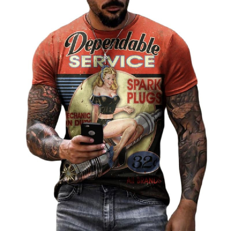 Vasariniai vyriški marškinėliai Negabaritiniai laisvi rūbai Vintažiniai trumpomis rankovėmis mada America Route 66 raidėmis marginti O marškinėliai su apykakle