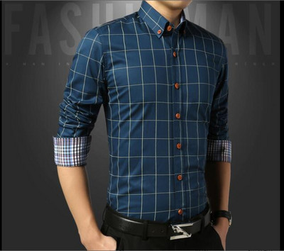 Karirana pamučna smeđa ležerna muška košulja s kopčanjem Jesenska robna marka Muška odjeća uske košulje dugih rukava Socijalna velika veličina M-5XL