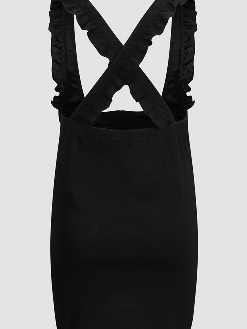 Finjani sievietes Cami kleita Sexy Back CrissCross kaklasaiti Modes volānu kleitas Plānas lielizmēra eleganta un eleganta melna kleita