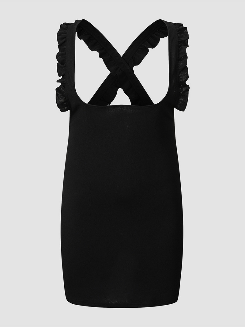 Finjani sievietes Cami kleita Sexy Back CrissCross kaklasaiti Modes volānu kleitas Plānas lielizmēra eleganta un eleganta melna kleita