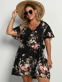 2022 Liela izmēra sieviešu apģērbi vienkrāsains V kakla izgriezums Seksīga kleita ielas stilā Vasaras elegantas ziedu kleitas ar īsām piedurknēm