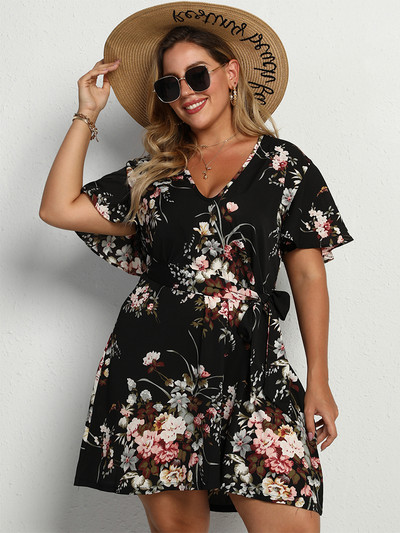 2022 Liela izmēra sieviešu apģērbi vienkrāsains V kakla izgriezums Seksīga kleita ielas stilā Vasaras elegantas ziedu kleitas ar īsām piedurknēm