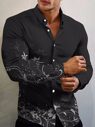 Jaunums Modes krekli vīriešiem Ikdienas ziedu druka Lielizmēra ar garām piedurknēm pogas Tops Vīriešu apģērbi Ceļojumu camisas y blusas