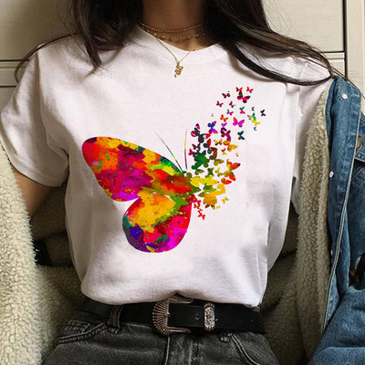 Γυναικεία μπλουζάκια μόδας Καλοκαιρινό ψηλοτάκουνα μπλουζάκι με γραφικό λουλούδι πεταλούδα με γραφικό μπλουζάκι με φαρδιά κοντομάνικα λευκά μπλουζάκια