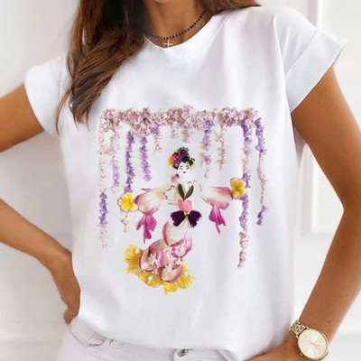 Γυναικεία μπλουζάκια μόδας Καλοκαιρινό ψηλοτάκουνα μπλουζάκι με γραφικό λουλούδι πεταλούδα με γραφικό μπλουζάκι με φαρδιά κοντομάνικα λευκά μπλουζάκια