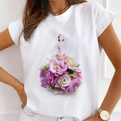 Γυναικεία μπλουζάκια μόδας Καλοκαιρινό ψηλοτάκουνα μπλουζάκι με γραφικό λουλούδι πεταλούδα με γραφικό μπλουζάκι με φαρδιά κοντομάνικα λευκά μπλουζάκια