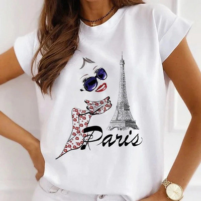 Γυναικεία μπλουζάκια καλοκαιρινά μπλουζάκια με άρωμα Paris Tower Γυναικεία casual μπλουζάκια Φαρδιά κοντομάνικα λευκά βασικά μπλουζάκια