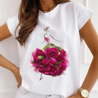 Meiteņu T-krekli ar rožu apdruku Sieviešu vasaras grafikas T-krekli Smieklīgi krekli sievietēm Tkrekli ar brīvu apkakli Harajuku topi