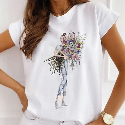 Meiteņu T-krekli ar rožu apdruku Sieviešu vasaras grafikas T-krekli Smieklīgi krekli sievietēm Tkrekli ar brīvu apkakli Harajuku topi