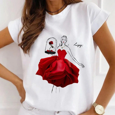 Meiteņu T-krekli ar rožu apdruku Sieviešu vasaras grafikas T-krekli Smieklīgi krekli sievietēm Tkrekli ar brīvu apkakli Harajuku topi