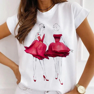 Meiteņu T-krekli ar rožu apdruku Sieviešu vasaras grafikas T-krekli Smieklīgi krekli sievietēm Tkrekli ar brīvu apkakli Harajuku topi
