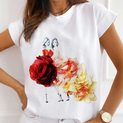 Meiteņu T-krekli ar rožu apdruku Sieviešu vasaras grafikas T-krekli Smieklīgi krekli sievietēm Tkrekli ar brīvu apkakli Harajuku topi