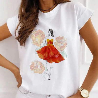 Meiteņu T-krekli ar rožu apdruku Sieviešu vasaras grafikas T-krekli Smieklīgi krekli sievietēm Tkrekli ar brīvu apkakli Harajuku topi