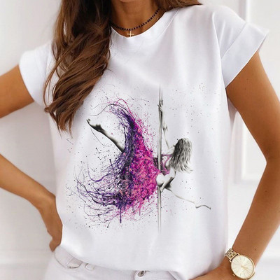 Sieviešu modes topi Vasaras tintes gleznošana Balerīna Meiteņu Grafika Ikdienas T-krekls Brīvi Īsām Piedurknēm Balta Pamata T-krekli