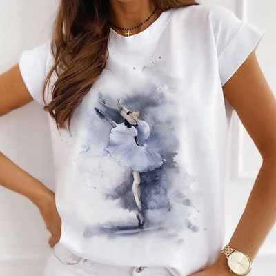 Sieviešu modes topi Vasaras tintes gleznošana Balerīna Meiteņu Grafika Ikdienas T-krekls Brīvi Īsām Piedurknēm Balta Pamata T-krekli