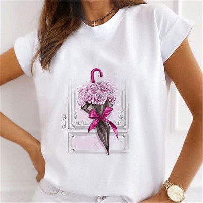 Νέα καλοκαιρινά εμπριμέ γυναικεία μπλουζάκια Γυναικεία φαρδιά μπλουζάκια Flower Ballerina Heart Graphic O λαιμόκοψη κοντομάνικα μπλουζάκια