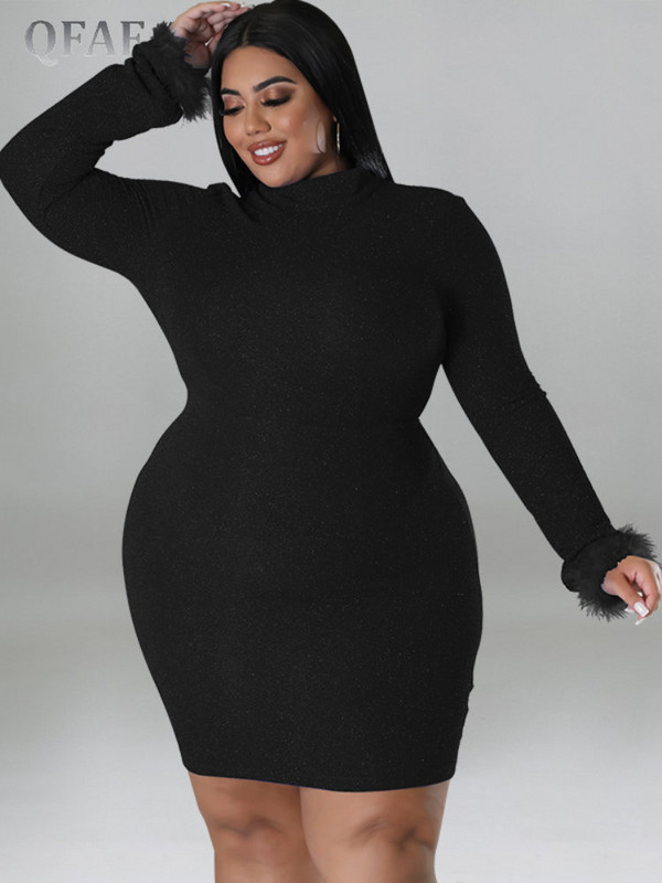 QFAF lielizmēra spalvu apakšmala ar garām piedurknēm Bodycon Midi mini kleitas sievietēm 2022. gada rudens ziemas seksīgai ballītei sieviešu izlaiduma kleita