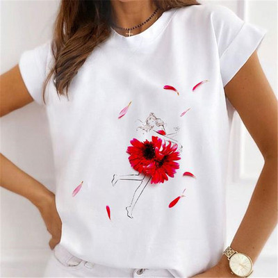 Jauni vasaras apdrukas sieviešu Tkrekli Sieviešu brīvi topi ar ziediem tauriņiem, sirds lūpām, kafija Graphic O kaklam, īsām piedurknēm T-krekli