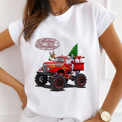Νέα γυναικεία τοπ καρτούν Harajuku Χαρούμενα Χριστούγεννα Μπλουζάκια με στρογγυλή λαιμόκοψη με κοντό μανίκι Άγιου Βασίλη