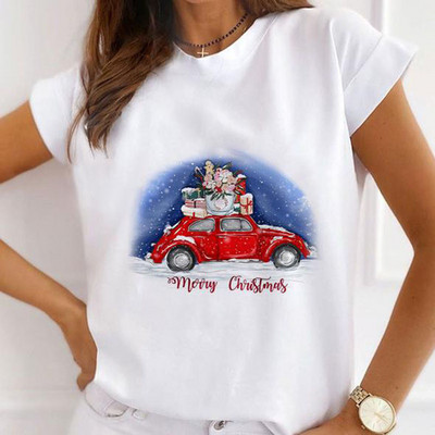 Νέα γυναικεία τοπ καρτούν Harajuku Χαρούμενα Χριστούγεννα Μπλουζάκια με στρογγυλή λαιμόκοψη με κοντό μανίκι Άγιου Βασίλη