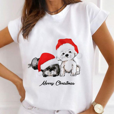 Νέα γυναικεία τοπ καρτούν Harajuku Χαρούμενα Χριστούγεννα Μπλουζάκια με στρογγυλή λαιμόκοψη με κοντό μανίκι Άγιου Βασίλη