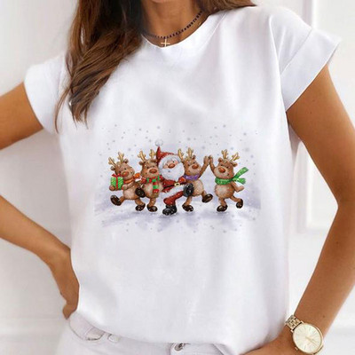 Νέα γυναικεία τοπ καρτούν Harajuku Χαρούμενα Χριστούγεννα Μπλουζάκια με στρογγυλή λαιμόκοψη με κοντό μανίκι Άγιου Βασίλη