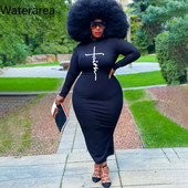 Waterarea Jauns rudens lielizmēra sieviešu kleitas ikdienišķa burtu apdruka zīmuļkleita mode ar O veida izgriezumu garām piedurknēm Bodycon Maxi Vestido