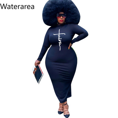 Waterarea Jauns rudens lielizmēra sieviešu kleitas ikdienišķa burtu apdruka zīmuļkleita mode ar O veida izgriezumu garām piedurknēm Bodycon Maxi Vestido