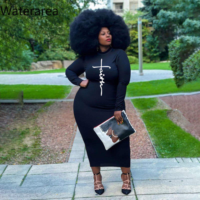 Waterarea Jauns rudens lielizmēra sieviešu kleitas ikdienišķa burtu apdruka zīmuļkleita mode ar O veida izgriezumu garām piedurknēm Bodycon Maxi Vestido